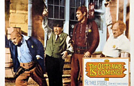 THE OUTLAWS IS COMING!, The Three Stooges (Curly Joe DeRita, Moe Howard, Larry Fine), Adam West, lobby card, poster art, 1965.