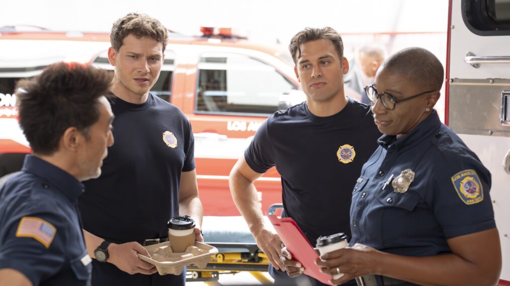 Kenneth Choi as Chimney, Oliver Stark as Buck, Ryan Guzman as Eddie, and Aisha Hinds as Hen — '9-1-1' Season 9 Premiere 'Eat the Rich'