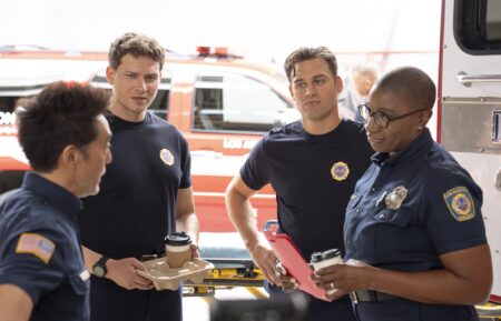 Kenneth Choi as Chimney, Oliver Stark as Buck, Ryan Guzman as Eddie, and Aisha Hinds as Hen — '9-1-1' Season 9 Premiere 