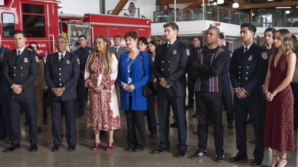Ryan Guzman as Eddie, Aisha Hinds as Hen, Tracie Thoms as Karen, Debra Christopfferson as Sue, Oliver Stark as buck, Elijah M. Cooper as Harry, Anirudh Pisharody as Ravi, and Corinne Massiah as May — '9-1-1' Season 9 Premiere 