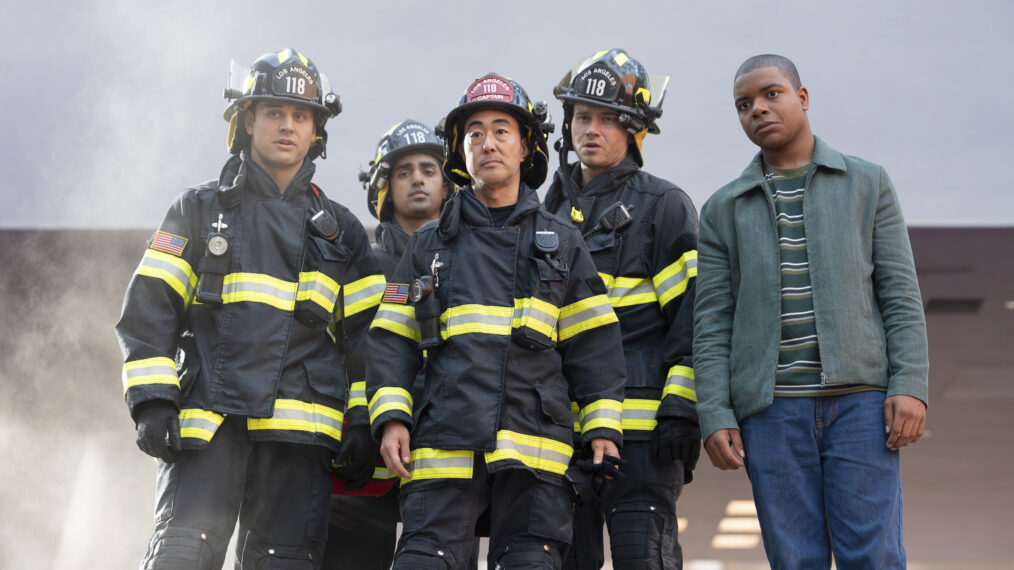 Ryan Guzman as Eddie, Anirudh Pisharody as Ravi, Kenneth Choi as Chimney, Oliver Stark as Buck, and Elijah M. Cooper as Harry — '9-1-1' Season 9 Episode 3 'The Sky Is Falling'