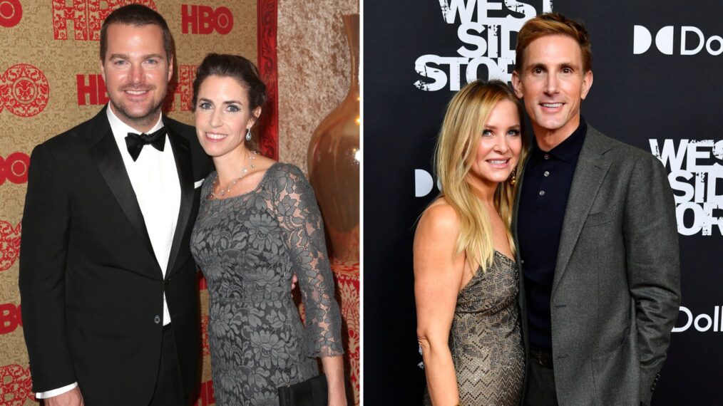 Actor Chris O'Donnell (L) and Caroline Fentress attend HBO's Post 2014 Golden Globe Awards Party held at Circa 55 Restaurant on January 12, 2014 in Los Angeles, California; Jessica Capshaw and Christopher Gavigan attend the 'West Side Story' New York Premiere at Rose Theater, Jazz at Lincoln Center on November 29, 2021 in New York City.