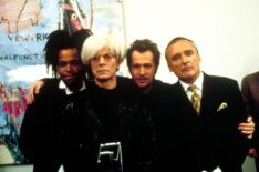 BASQUIAT, from left: Jeffrey Wright as Jean Michel Basquiat, David Bowie as Andy Warhol, Gary Oldman, Dennis Hopper, 1996. ©Miramax/courtesy Everett Collection