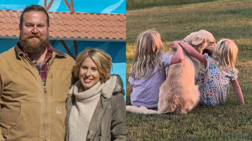 Ben and Erin Napier on Season 2, Episode 1, of HGTV's 'Home Town,' January 1, 2018; Ben and Erin Napier's daughters, Helen and Mae, and dog Brinkley, Instagram, October 19, 2025.