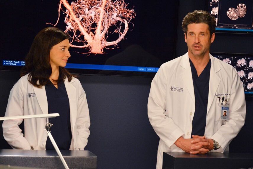 GREY'S ANATOMY, l-r: Caterina Scorsone, Patrick Dempsey in 'We Are Never Getting Back Together' (Season 10, Episode 22, aired May 1, 2014) ph: Eric McCandless/©ABC/courtesy Everett Collection