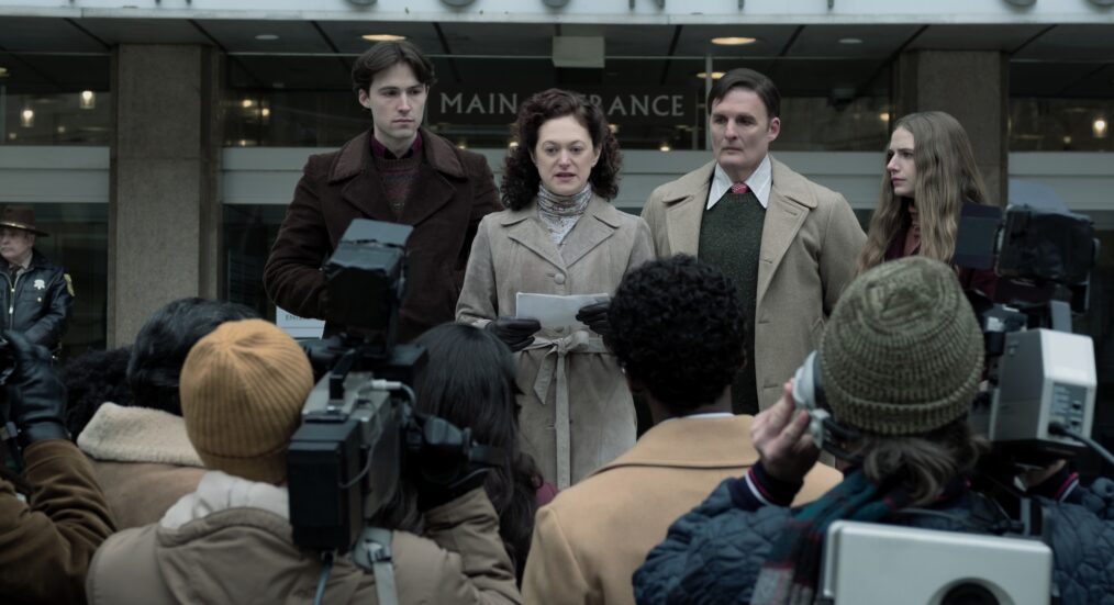 DEVIL IN DISGUISE: JOHN WAYNE GACY -- Pictured: (l-r) Thom Nyhuus as Kenneth Piest, Marin Ireland as Elizabeth Piest, Greg Bryk as Harold Piest, Cricket Brown as Kerry Piest — (Photo by: Brooke Palmer/PEACOCK)