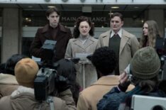 DEVIL IN DISGUISE: JOHN WAYNE GACY -- Pictured: (l-r) Thom Nyhuus as Kenneth Piest, Marin Ireland as Elizabeth Piest, Greg Bryk as Harold Piest, Cricket Brown as Kerry Piest — (Photo by: Brooke Palmer/PEACOCK)