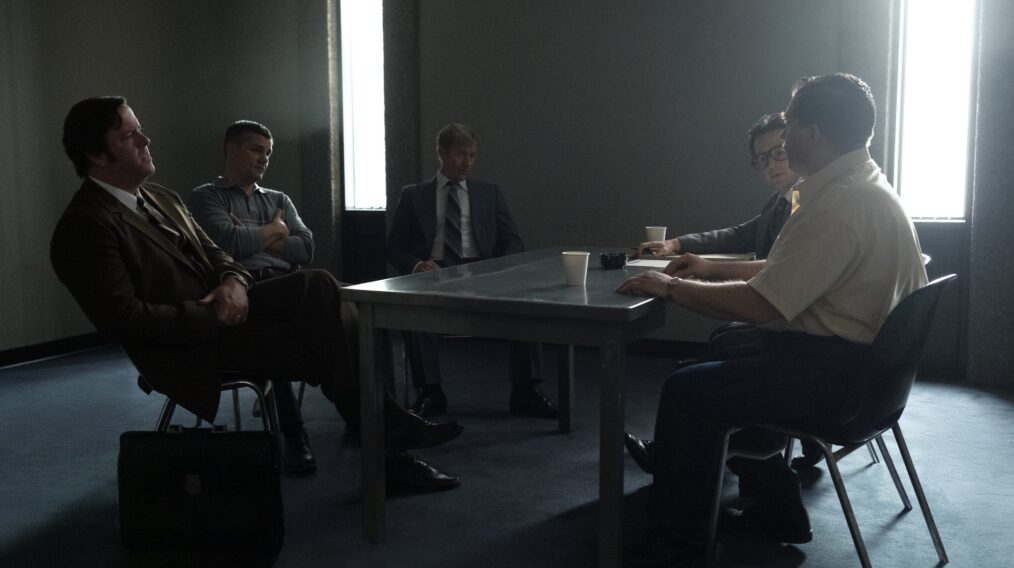 DEVIL IN DISGUISE: JOHN WAYNE GACY -- Pictured: (l-r) Chris Sullivan as Bill Kunkle, Hamish Allan-Headley as Detective. Michael Albrecht, James Badge Dale as Det. Joe Kozenczak, Michael Angarano as Sam Amirante, Michael Chernus as John Wayne Gacy -- (Photo by: Brooke Palmer/PEACOCK)