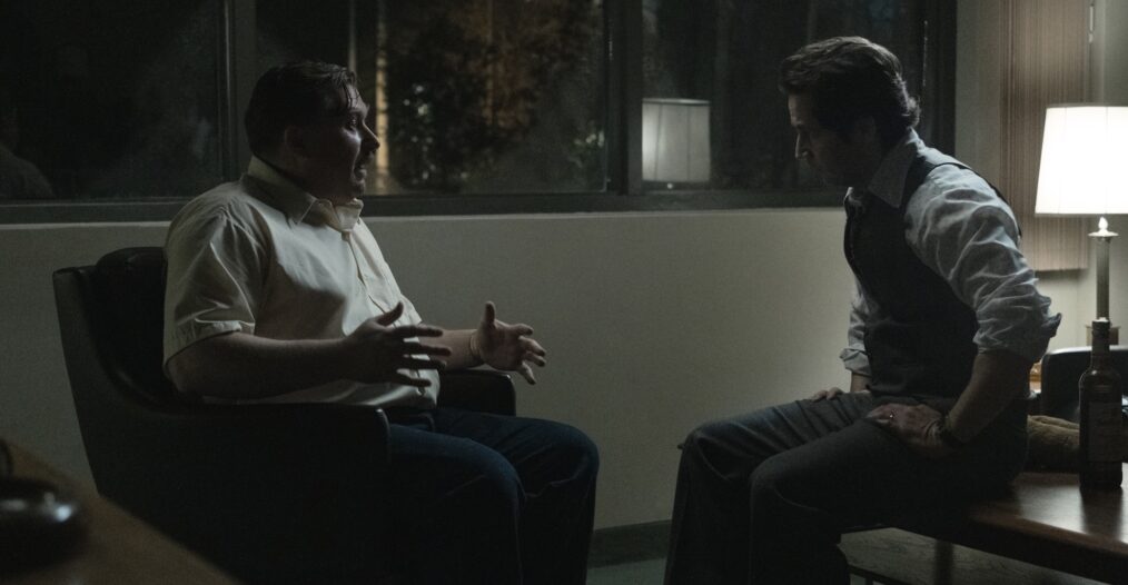 DEVIL IN DISGUISE: JOHN WAYNE GACY -- Episode 106 -- Pictured: (l-r) Michael Chernus as John Wayne Gacy, Michael Angarano as Sam Amirante -- (Photo by: Brooke Palmer/PEACOCK)