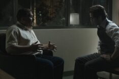 DEVIL IN DISGUISE: JOHN WAYNE GACY -- Episode 106 -- Pictured: (l-r) Michael Chernus as John Wayne Gacy, Michael Angarano as Sam Amirante -- (Photo by: Brooke Palmer/PEACOCK)