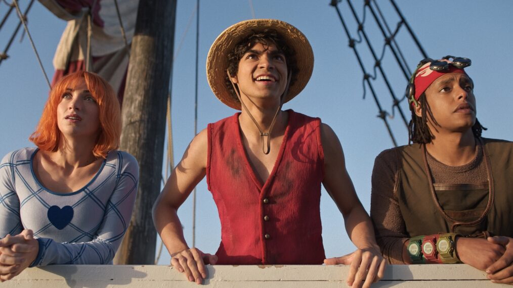 Emily Rudd as Nami, Iñaki Godoy as Monkey D. Luffy, Jacob Romero as Usopp in season 2 of Netflix's 'One Piece.'