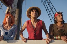 Emily Rudd as Nami, Iñaki Godoy as Monkey D. Luffy, Jacob Romero as Usopp in season 2 of Netflix's 'One Piece.'