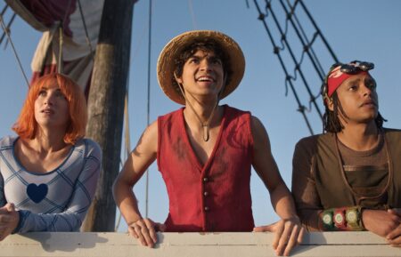 Emily Rudd as Nami, Iñaki Godoy as Monkey D. Luffy, Jacob Romero as Usopp in season 2 of Netflix's 'One Piece.'