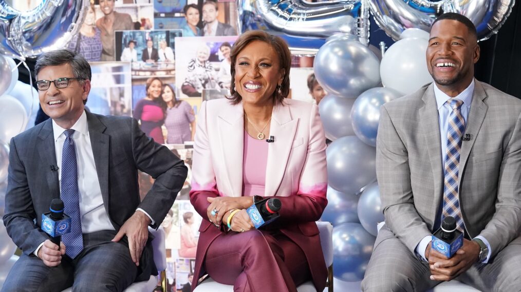 George Stephanopoulos, Robin Roberts, and Michael Strahan on the April 14, 2022, episode of ABC's 'Good Morning America.'