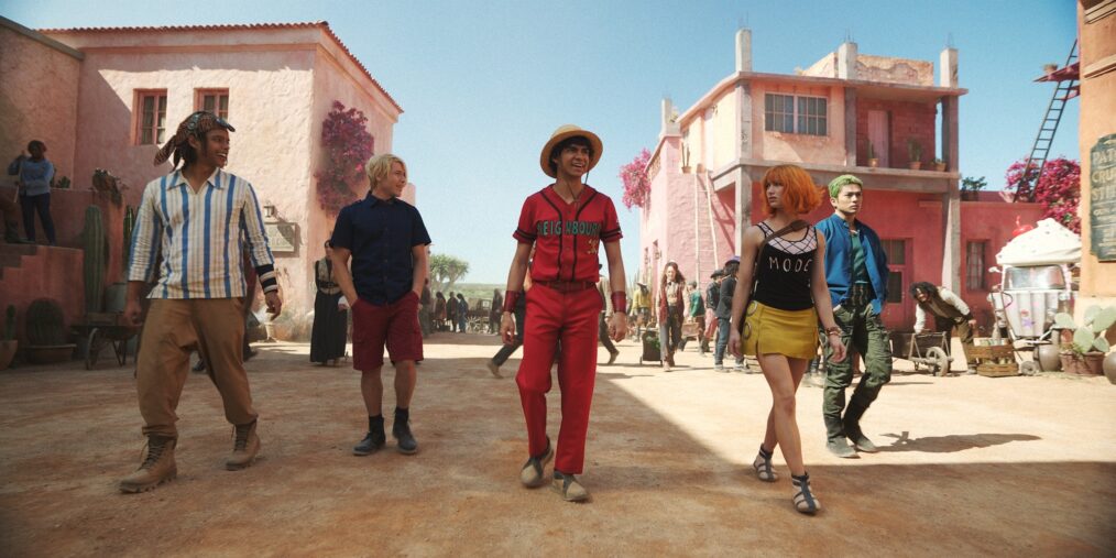 Jacob Romero as Usopp, Taz Skylar as Sanji, Iñaki Godoy as Monkey D. Luffy, Emily Rudd as Nami, Mackenyu as Roronoa Zoro in season 2 of Netflix's 'One Piece.'