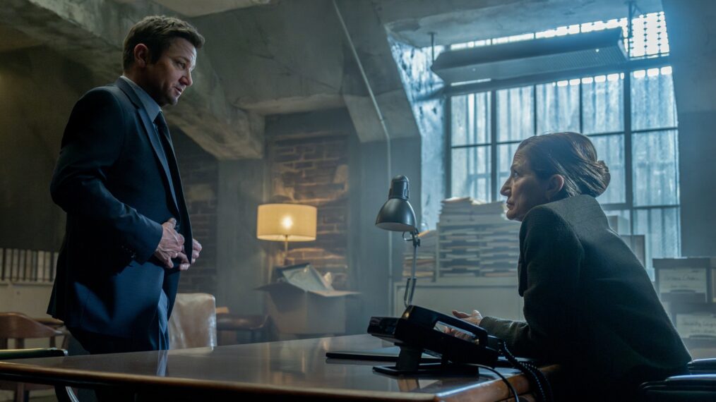 L-R: Jeremy Renner as Mike McLusky and Edie Falco as Warden Nina Hobbs in Mayor of Kingstown episode 1, season 4, streaming on Paramount+, 2025. Credit: Dennis P. Mong Jr./Paramount+