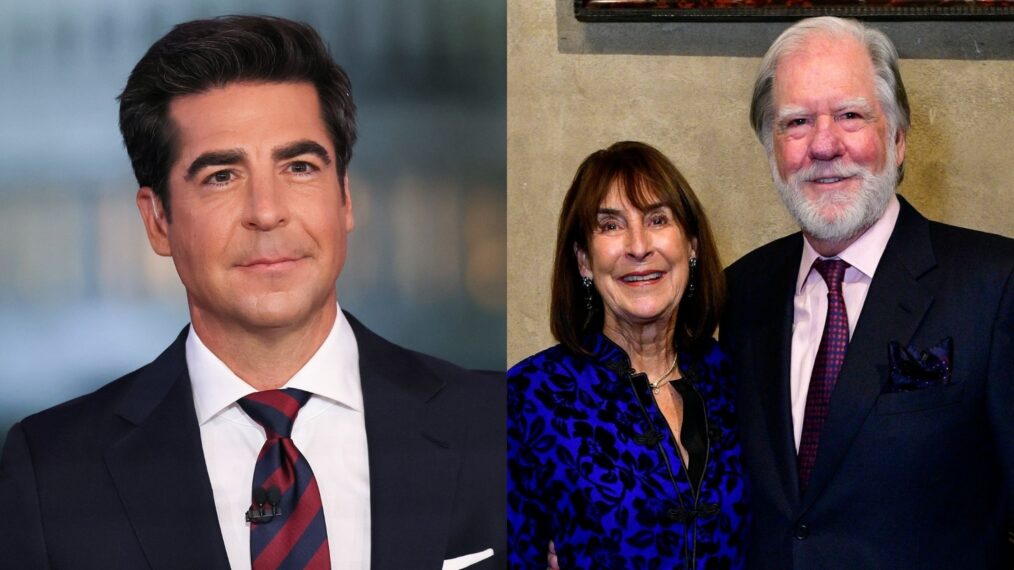 Jesse Watters on air during the Fox News Special prior to President Trump's Joint Address to Congress at the FOX News D.C. Bureau on March 04, 2025 in Washington, DC; Jesse's parents, Anne and Stephen Watters; Eugene Gologursky/Getty Images for Planting Fields