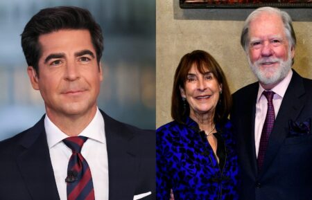 Jesse Watters on air during the Fox News Special prior to President Trump's Joint Address to Congress at the FOX News D.C. Bureau on March 04, 2025 in Washington, DC; Jesse's parents, Anne and Stephen Watters; Eugene Gologursky/Getty Images for Planting Fields