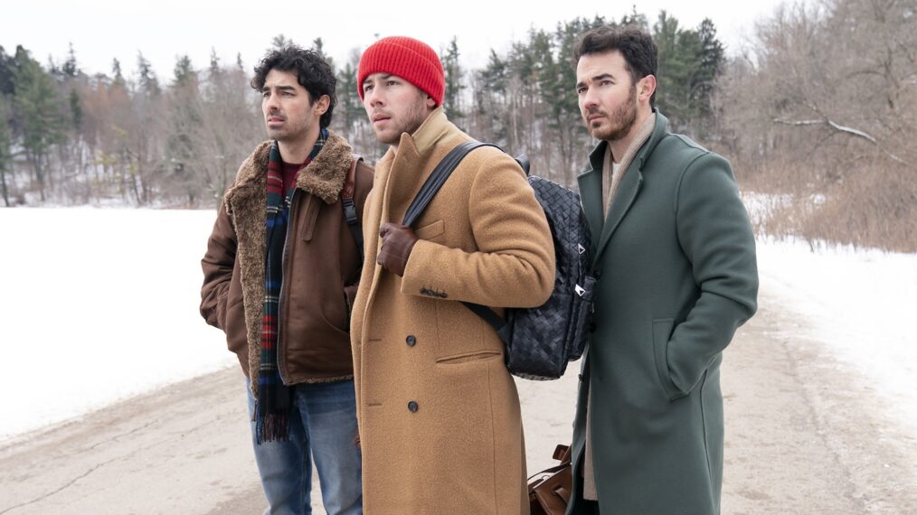 Joe Jonas, Nick Jonas, and Kevin Jonas in 'A Very Jonas Christmas Movie,' Disney+, November 14, 2025.