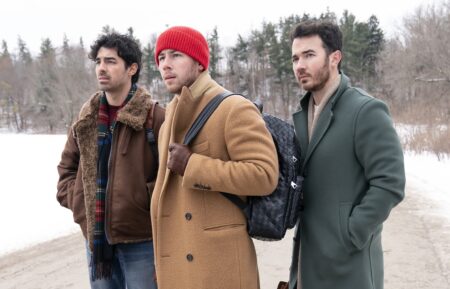 Joe Jonas, Nick Jonas, and Kevin Jonas in 'A Very Jonas Christmas Movie,' Disney+, November 14, 2025.