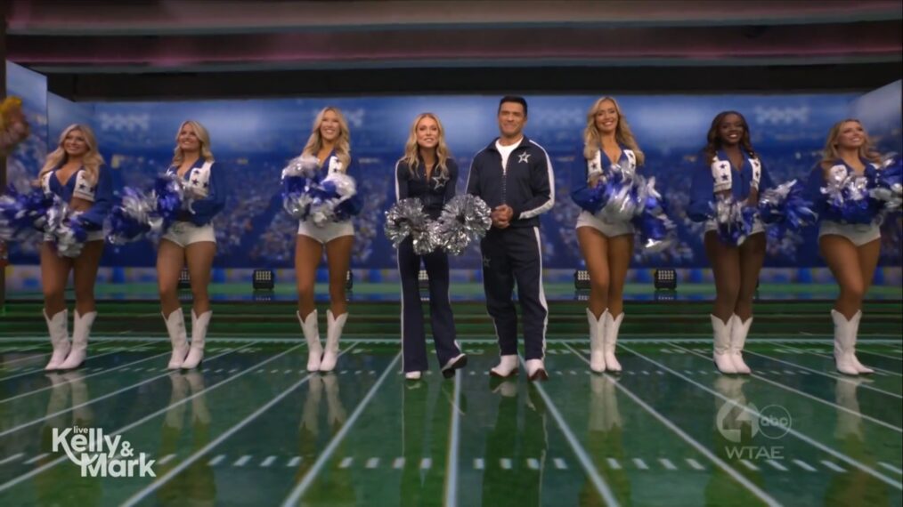 Kelly Ripa, Mark Consuelos, and the Dallas Cowboys Cheerleaders on the October 31, 2025, episode of ABC's 'Live With Kelly and Mark.'