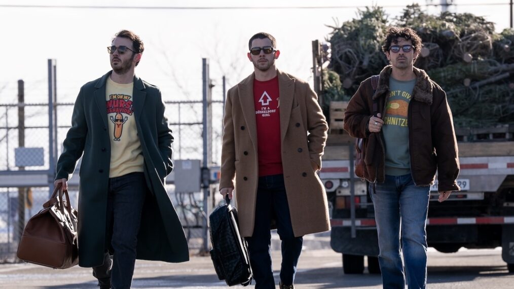 Kevin Jonas, Nick Jonas, and Joe Jonas in 'A Very Jonas Christmas Movie,' Disney+, November 14, 2025.