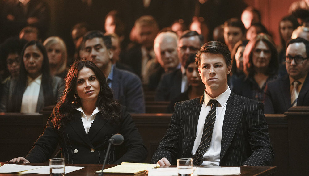 THE RAINMAKER -- Episode 110 -- Pictured: (l-r) Lana Parrilla as Jocelyn 'Bruiser' Stone, Milo Callaghan as Rudy Baylor -- (Photo by: Christopher Barr/USA Network)