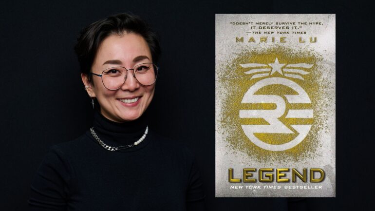 Marie Lu's headshot with the Legend cover next to her