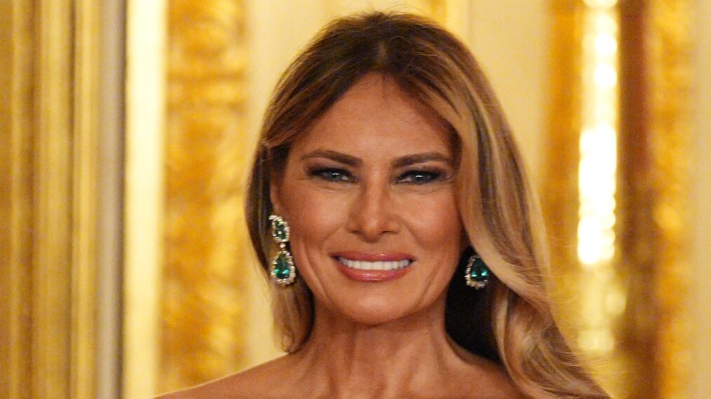 First Lady Melania Trump arrives for the State Banquet hosted by King Charles III and members of the Royal Family at Windsor Castle during the state visit by the President of the United States of America on September 17, 2025 in Windsor, England.