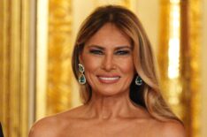 First Lady Melania Trump arrives for the State Banquet hosted by King Charles III and members of the Royal Family at Windsor Castle during the state visit by the President of the United States of America on September 17, 2025 in Windsor, England.