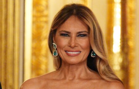 First Lady Melania Trump arrives for the State Banquet hosted by King Charles III and members of the Royal Family at Windsor Castle during the state visit by the President of the United States of America on September 17, 2025 in Windsor, England.