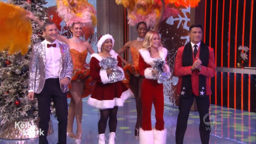 Michael Gelman, Déjà Vu, Kelly Ripa, and Mark Consuelos on the October 31, 2025, episode of ABC's 'Live With Kelly and Mark.'