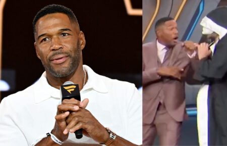 Michael Strahan speaks onstage at Fanatics Fest NYC 2025 at Javits Center on June 20, 2025 in New York City; Michael Strahan on the October 26, 2025, episode of 'Fox NFL Sunday.'