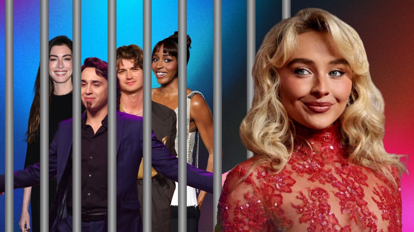 Marcello Hernandez, Anne Hathaway, Joe Keery, and Ayo Edebri behind cartoon bars, Sabrina Carpenter next to them