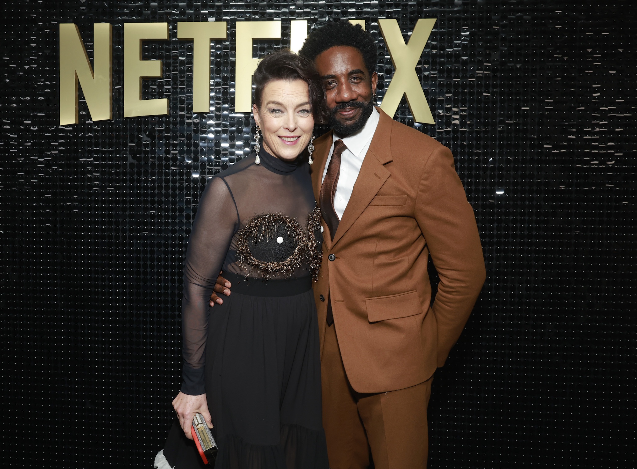 Olivia Williams and Rhashan Stone attend the 2024 Netflix SAG Celebration at Chateau Marmont on February 24, 2024 in Los Angeles, California.