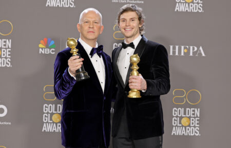 BEVERLY HILLS, CALIFORNIA - JANUARY 10: (L-R) Ryan Murphy, winner of the Carol Burnett Award, and Evan Peters, winner of the Best Actor in a Limited or Anthology Series or Television Film award for 