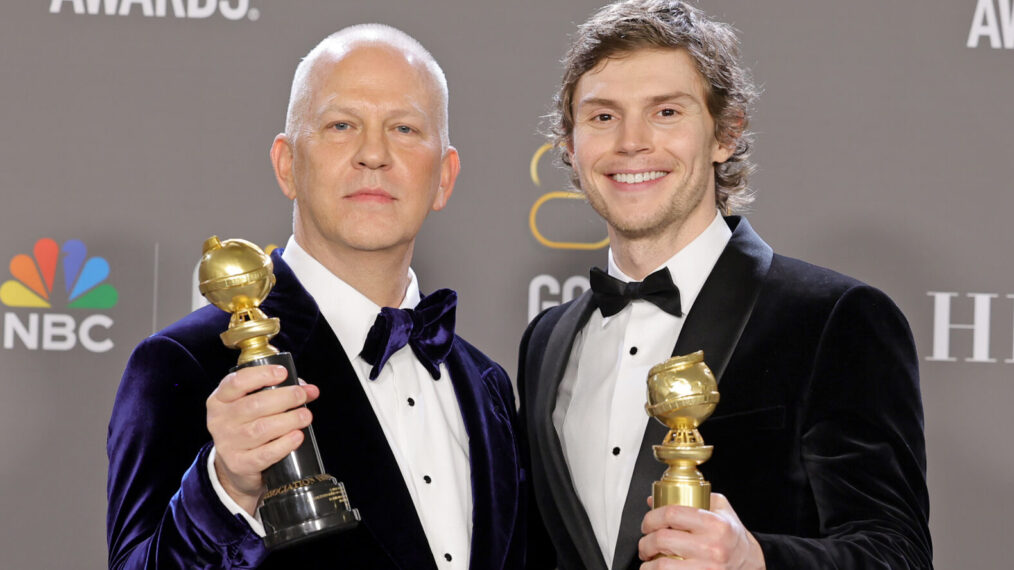 BEVERLY HILLS, CALIFORNIA - JANUARY 10: (L-R) Ryan Murphy, winner of the Carol Burnett Award, and Evan Peters, winner of the Best Actor in a Limited or Anthology Series or Television Film award for 'Dahmer – Monster: The Jeffrey Dahmer Story', pose in the press room during the 80th Annual Golden Globe Awards at The Beverly Hilton on January 10, 2023 in Beverly Hills, California. (Photo by Amy Sussman/Getty Images)