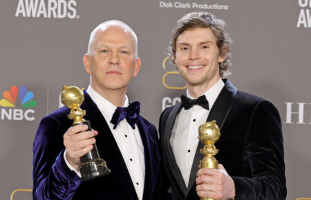 BEVERLY HILLS, CALIFORNIA - JANUARY 10: (L-R) Ryan Murphy, winner of the Carol Burnett Award, and Evan Peters, winner of the Best Actor in a Limited or Anthology Series or Television Film award for 