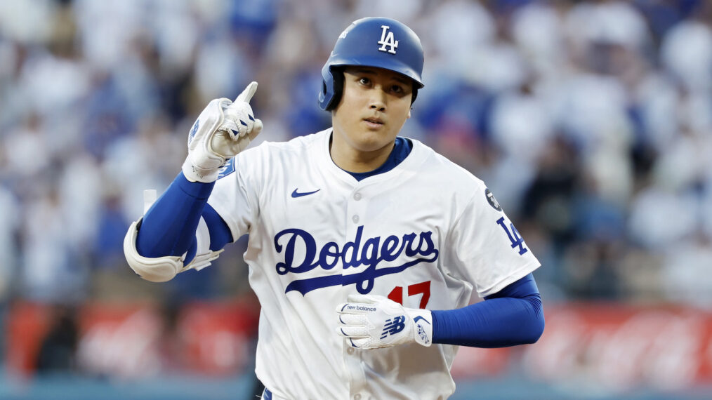 Shohei Ohtani #17 of the Los Angeles Dodgers rounds the bases after hitting a home run during the first inning against the Milwaukee Brewers in game four of the National League Championship Series at Dodger Stadium on October 17, 2025 in Los Angeles, California.