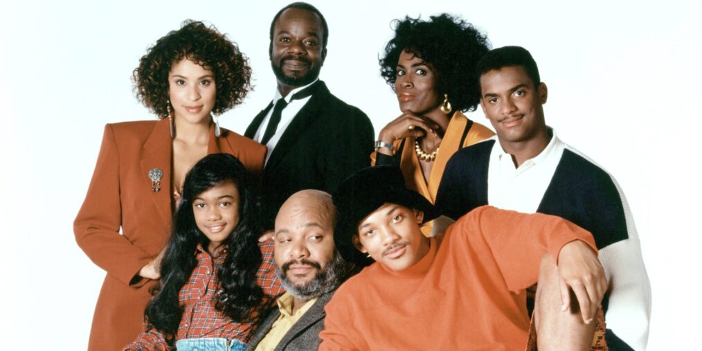 THE FRESH PRINCE OF BEL-AIR, (front, from left): Tatyana Ali, James Avery, Will Smith, (back): Karyn Parsons, Joseph Marcell, Janet Hubert, Alfonso Ribeiro, 1990-96. © NBC / Courtesy: Everett Collection