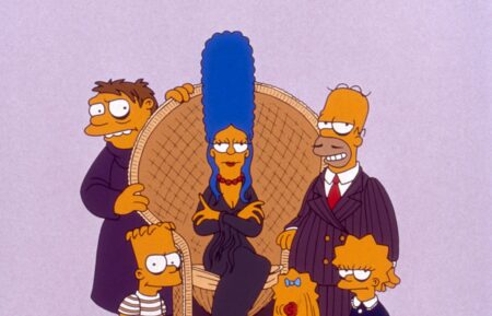THE SIMPSONS, The Simpsons, as The Addams Family, from left: Barney Gumble, as Uncle Fester, Bart Simpson, as Pugsley, Marge Simpson, as Morticia, Maggie Simpson, as Cousin Itt, Homer Simpson, as Gomez, Lisa Simpson, as Wednesday Addams, (1989-).