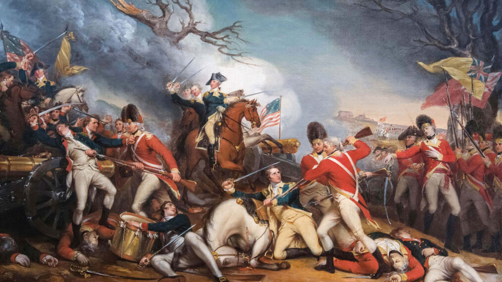 The Death of General Mercer at the Battle of Princeton, January 3, 1777; By: John Trumbull; ca. 1789-1831. At the centre of the painting Brigadier General Hugh Mercer, cut off from his men, awaits the fatal blow from a British bayonet. General George Washington, in the background, charges onto the battlefield to rally the troops.