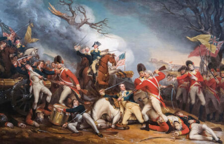 The Death of General Mercer at the Battle of Princeton, January 3, 1777; By: John Trumbull; ca. 1789-1831. At the centre of the painting Brigadier General Hugh Mercer, cut off from his men, awaits the fatal blow from a British bayonet. General George Washington, in the background, charges onto the battlefield to rally the troops.