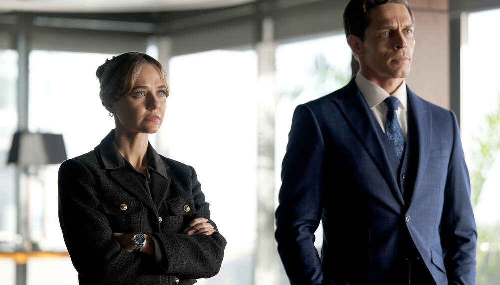 THE RAINMAKER -- Episode 108 -- Pictured: (l-r) Madison Iseman as Sarah Plankmore, Wade Briggs as Brad Noonan -- (Photo by: Chistopher Barr/USA Network)