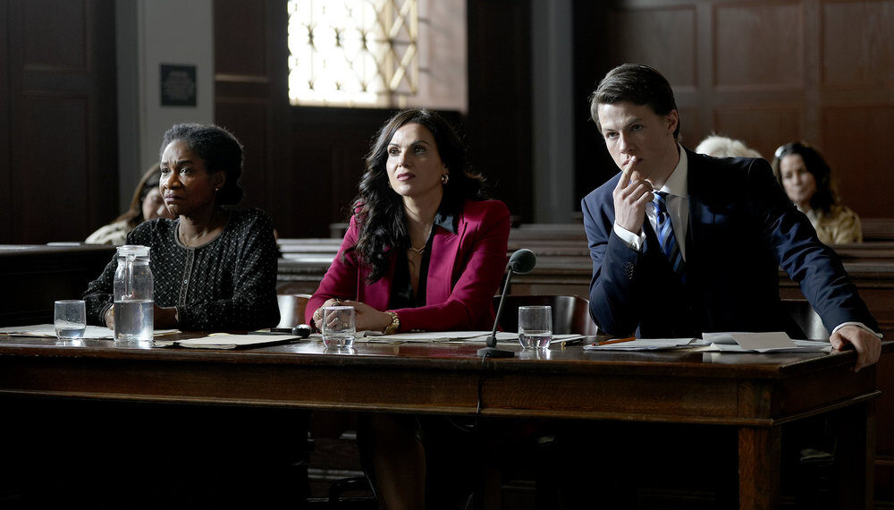 THE RAINMAKER -- Episode 110 -- Pictured: (l-r) Karen Bryson as Dot Black, Lana Parrilla as Jocelyn 'Bruiser' Stone, Milo Callaghan as Rudy Baylor -- (Photo by: Christopher Barr/USA Network)