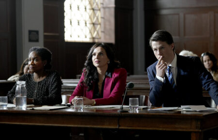 THE RAINMAKER -- Episode 110 -- Pictured: (l-r) Karen Bryson as Dot Black, Lana Parrilla as Jocelyn "Bruiser" Stone, Milo Callaghan as Rudy Baylor -- (Photo by: Christopher Barr/USA Network)