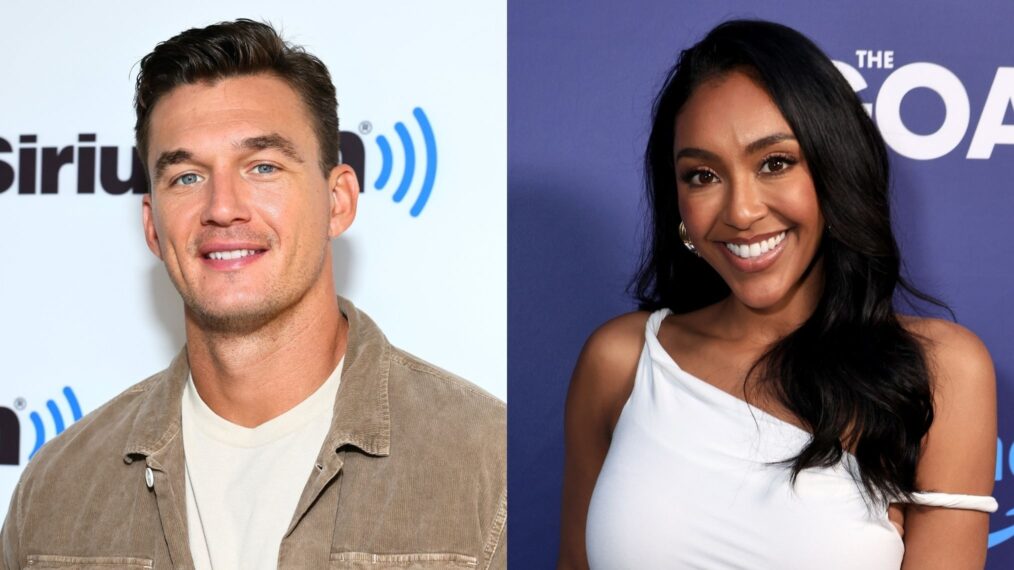 Tyler Cameron in September 2023; Tayshia Adams in April 2024.