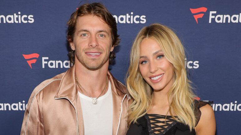 Braxton Berrios (L) and Alix Earle attend Michael Rubin's Fanatics Super Bowl party at the Marquee Nightclub at The Cosmopolitan of Las Vegas on February 10, 2024 in Las Vegas, Nevada.