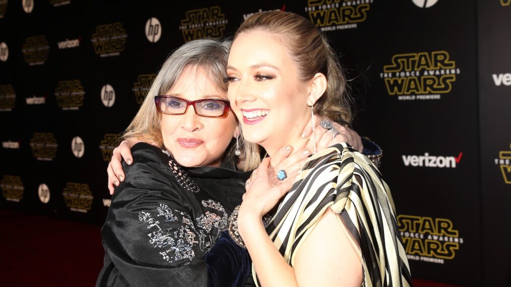 Billie Lourd and Carrie Fisher attend the World Premiere of Star Wars: The Force Awakens at the Dolby, El Capitan, and TCL Theatres on December 14, 2015 in Hollywood, California.