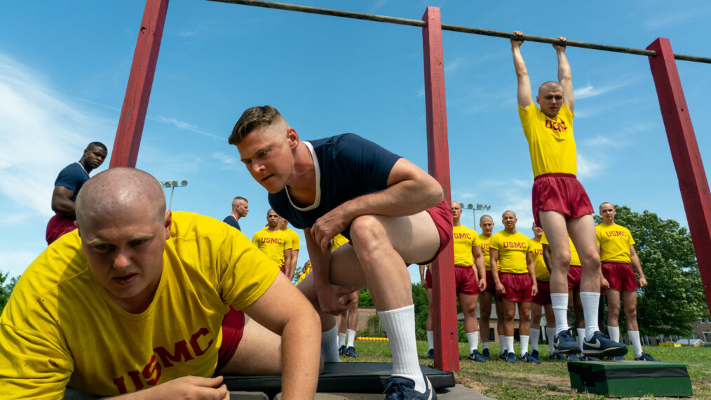 Blake Burt as John Bowman, Zach Roerig as Knox, and Miles Heizer as Cameron Cope in 'Boots' Season 1 Episode 1